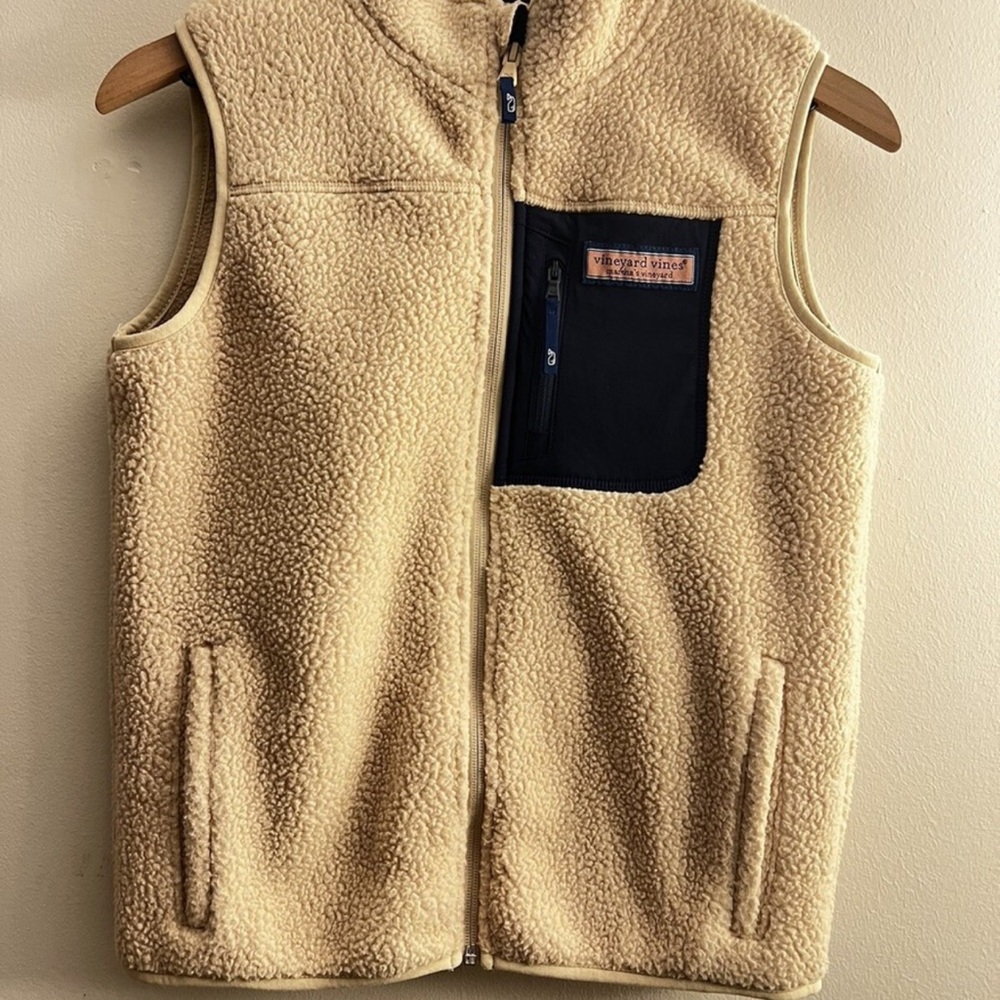 Tan Sherpa Fleece Vest with Navy Pocket
